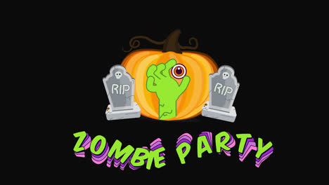 Animación-De-Texto-De-Fiesta-Zombie-De-Halloween,-Calabaza,-Tumba,-Fondo-Transparente